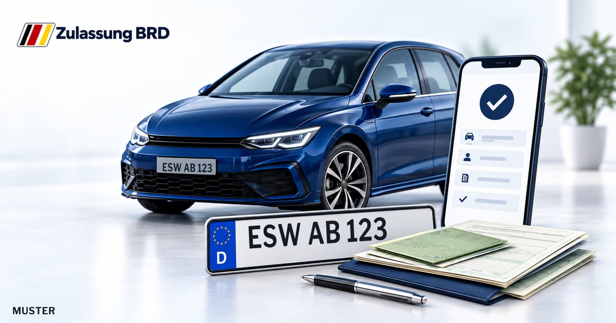 Online Fahrzeugzulassung in Eschwege: Musterkennzeichen ESW AB 123, Auto und Fahrzeugpapiere und Smartphone. Illustration mit Logo von Zulassung BRD.